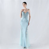 Heavy Embroidery Drilling Boning Corset Vest Lace Beaded High Fork Evening Dress